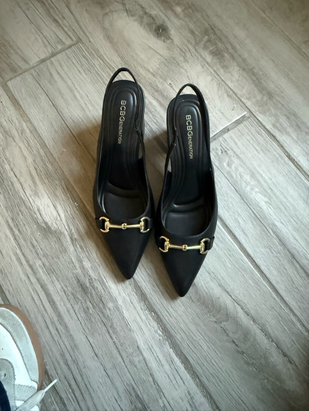 BCBGeneration Black Pointed Slingback Flats with Gold Hardware